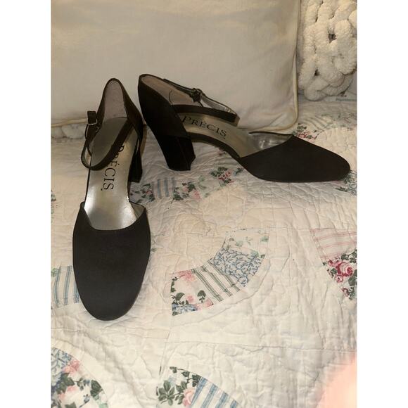 VINTAGE UNWORN BLACK SATIN MARY JANE PUMPS SHOES 8 - Picture 2 of 4